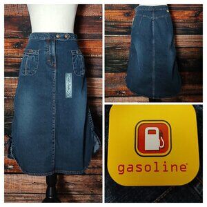NWT Gasoline Vintage Jean Skirt 5 Ruched Side Tie Patch Pocket Denim Stretch